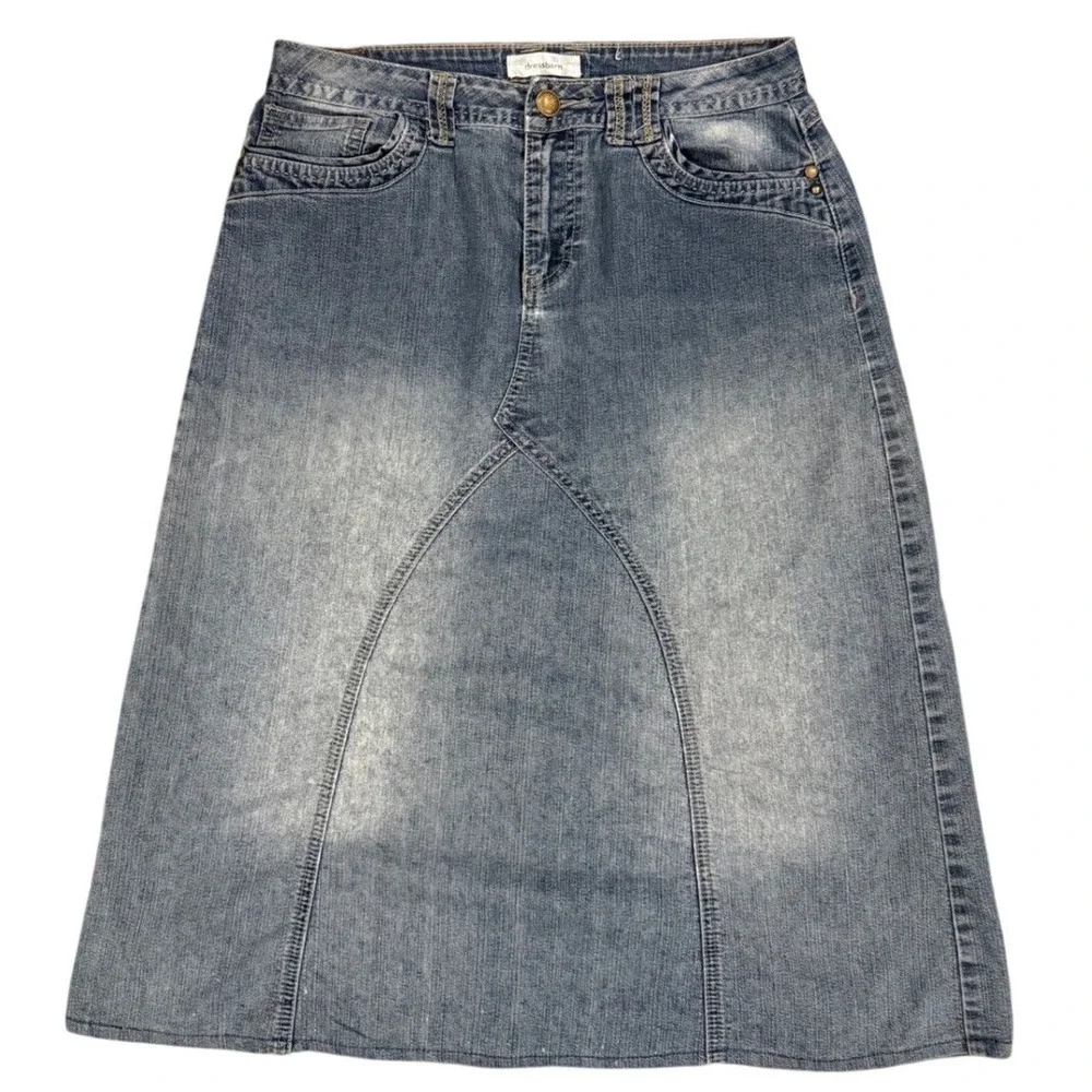 Dressbarn Womens Denim Midi Skirt‎ Size 8 Blue A-Line Stretch Faded Jean Skirt